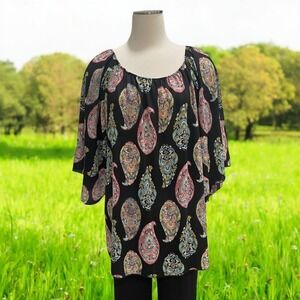 ZigZag Stripe Paisley Blouse XL Multi-Color Boho Peasant Festival Vibrant USA